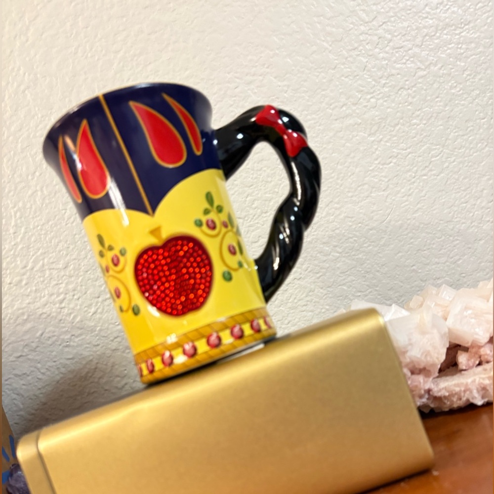 Disney Parks Snow White Dress Yellow Red Gem Blue Mug with Black Red Bow Handle